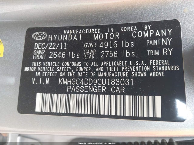 Aukcja sprzedaży 2012 Hyundai Genesis 3.8, vin: KMHGC4DD9CU183031, numer aukcji: 45418380