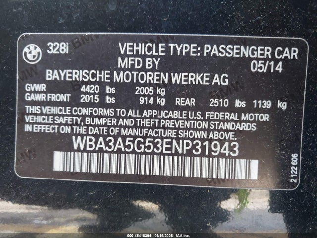 Продажа на аукционе авто 2014 Bmw 328i, vin: WBA3A5G53ENP31943, номер лота: 45418394