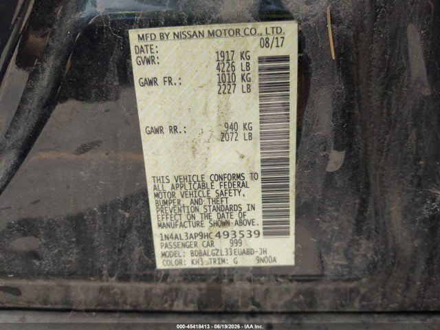 2017 Nissan Altima 2.5 S მანქანა იყიდება აუქციონზე, vin: 1N4AL3AP9HC493539, აუქციონის ნომერი: 45418413