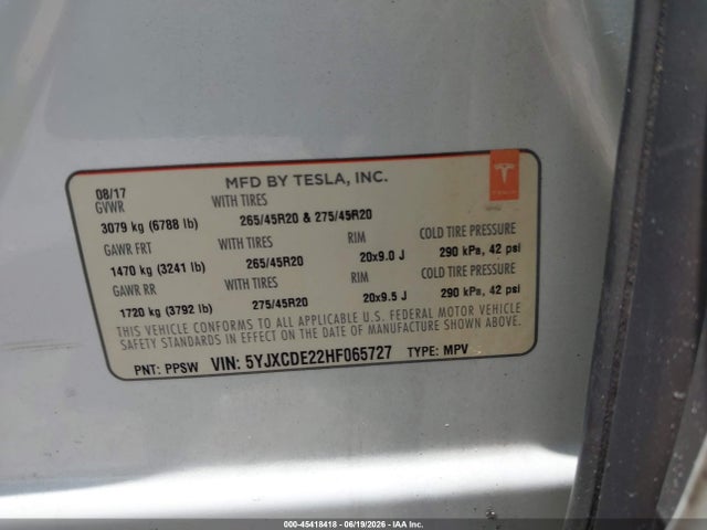 Tesla Model X 100d/75d/90d 2017 5YJXCDE22HF065727 Image 9