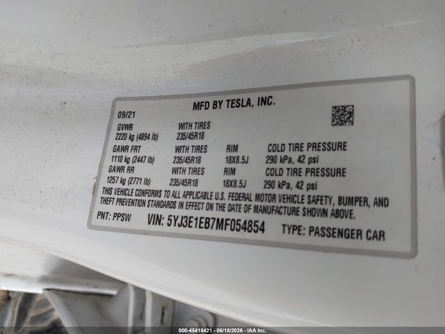 Tesla Model 3 Long Range 2021 5YJ3E1EB7MF054854 Image 9