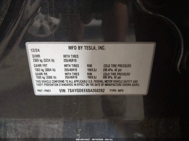45418427 :رقم المزاد ، 7SAYGDEE6SA358282 vin ، 2025 Tesla Model Y Long Range Dual Motor All-wheel Drive مزاد بيع