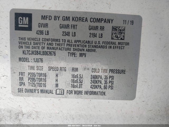 KL7CJKSB4LB063676 Chevrolet Trax Fwd Ls