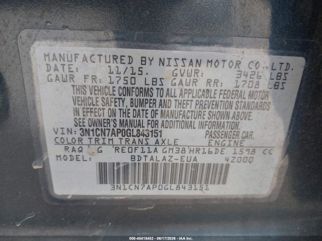Nissan Versa 1.6 S+ 2016 3N1CN7AP0GL843151 Image 9