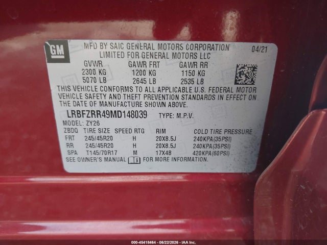 45418464 :رقم المزاد ، LRBFZRR49MD148039 vin ، 2021 Buick Envision Fwd Avenir مزاد بيع
