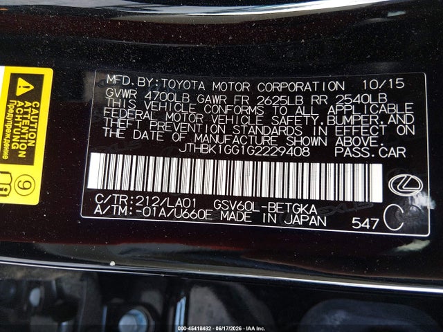 45418482 :رقم المزاد ، JTHBK1GG1G2229408 vin ، 2016 Lexus Es 350 مزاد بيع