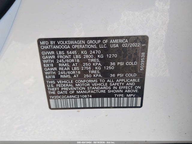 Продаж на аукціоні авто 2022 Volkswagen Atlas Cross Sport 2.0t Se, vin: 1V2DC2CA6NC210874, номер лоту: 45418484