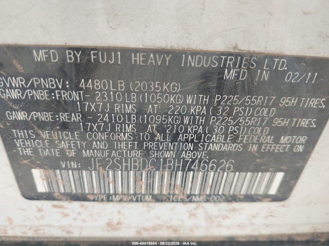 45418504 :رقم المزاد ، JF2SHBDC1BH746626 vin ، 2011 Subaru Forester 2.5x Premium مزاد بيع