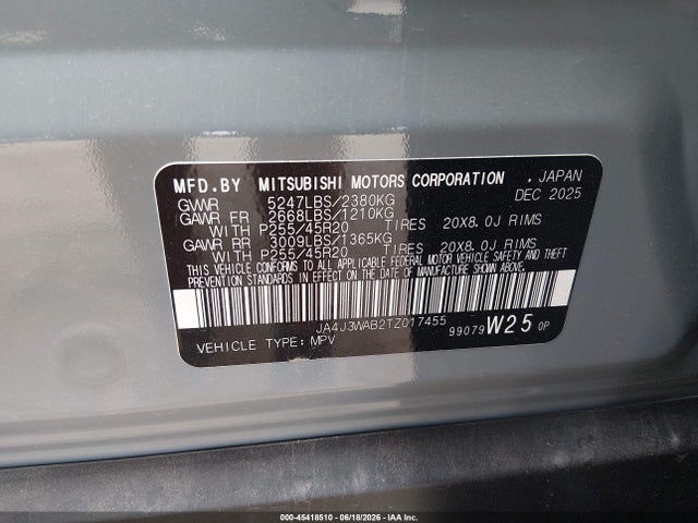45418510 :رقم المزاد ، JA4J3WAB2TZ017455 vin ، 2026 Mitsubishi Outlander Black Edition 2.5 2wd/sel 2.5 2wd مزاد بيع