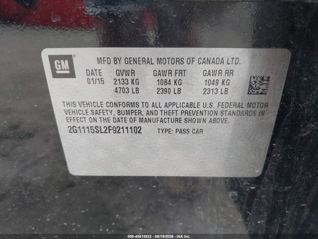 2015 Chevrolet Impala 1lt მანქანა იყიდება აუქციონზე, vin: 2G1115SL2F9211102, აუქციონის ნომერი: 45418522