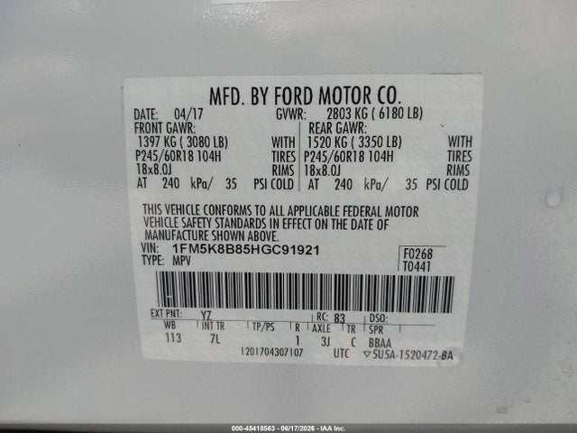 1FM5K8B85HGC91921 Ford Explorer