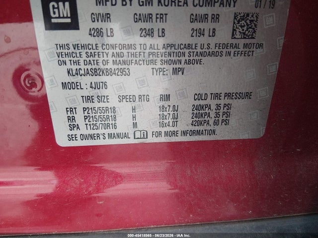 2019 Buick Encore Fwd Preferred მანქანა იყიდება აუქციონზე, vin: KL4CJASB2KB842953, აუქციონის ნომერი: 45418565