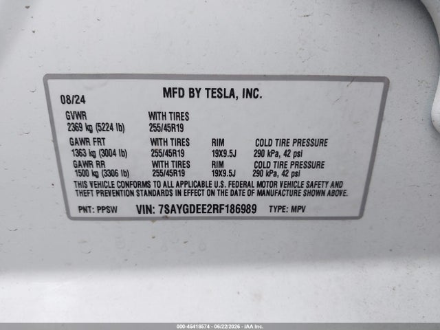 Продаж на аукціоні авто 2024 Tesla Model Y Long Range Dual Motor All-wheel Drive, vin: 7SAYGDEE2RF186989, номер лоту: 45418574