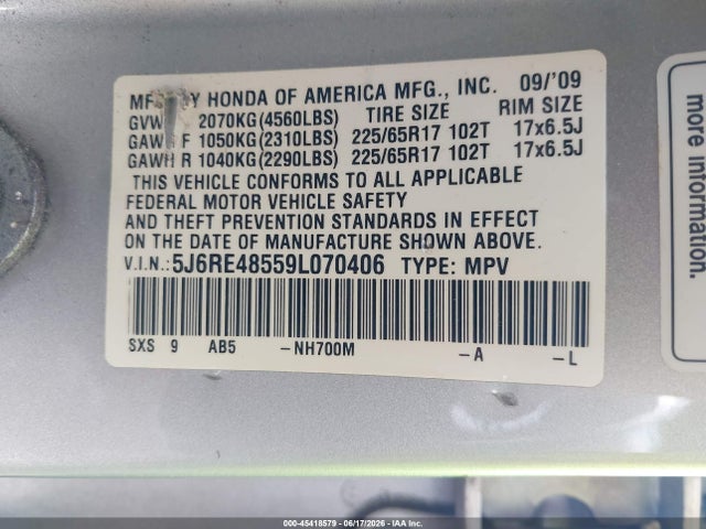 2009 Honda Cr-v Ex მანქანა იყიდება აუქციონზე, vin: 5J6RE48559L070406, აუქციონის ნომერი: 45418579