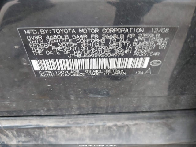 Aukcja sprzedaży 2009 Lexus Es 350, vin: JTHBJ46G292304979, numer aukcji: 45418615
