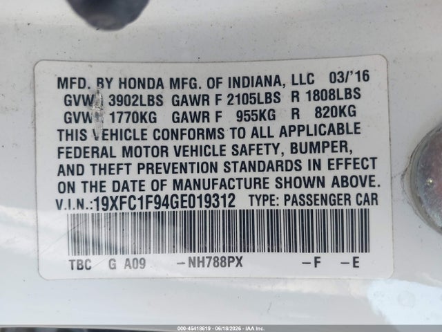 2016 Honda Civic Touring მანქანა იყიდება აუქციონზე, vin: 19XFC1F94GE019312, აუქციონის ნომერი: 45418619