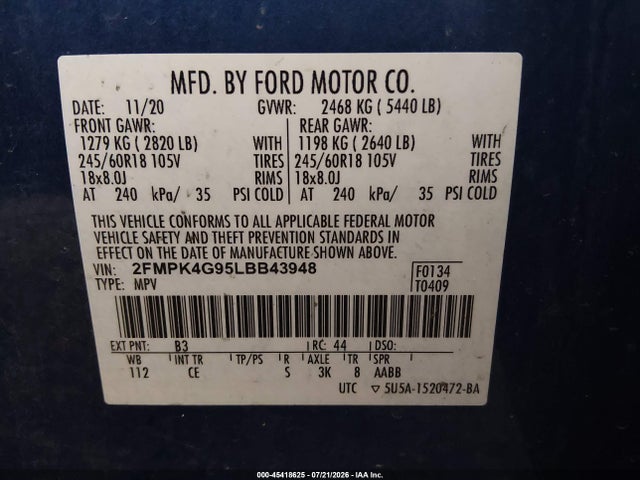 Aukcja sprzedaży 2020 Ford Edge Se, vin: 2FMPK4G95LBB43948, numer aukcji: 45418625