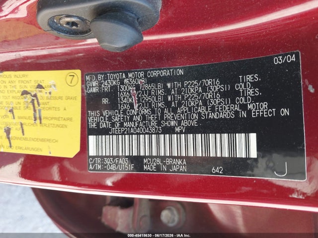 45418630 :رقم المزاد ، JTEEP21A040043873 vin ، 2004 Toyota Highlander V6 مزاد بيع