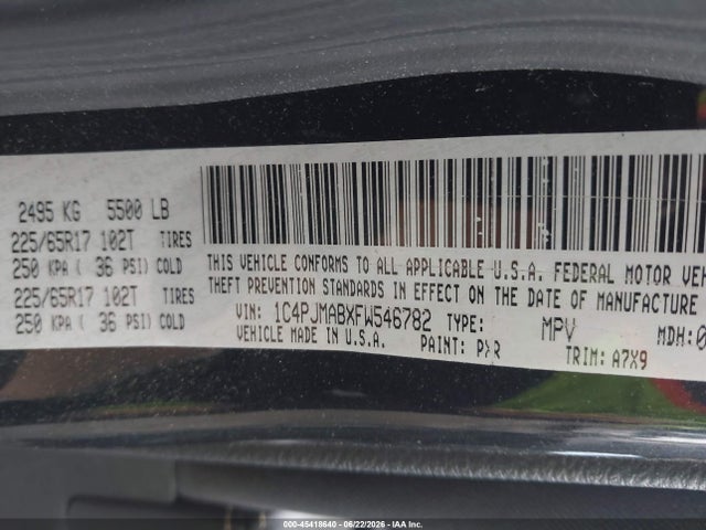 2015 Jeep Cherokee Sport მანქანა იყიდება აუქციონზე, vin: 1C4PJMABXFW546782, აუქციონის ნომერი: 45418640