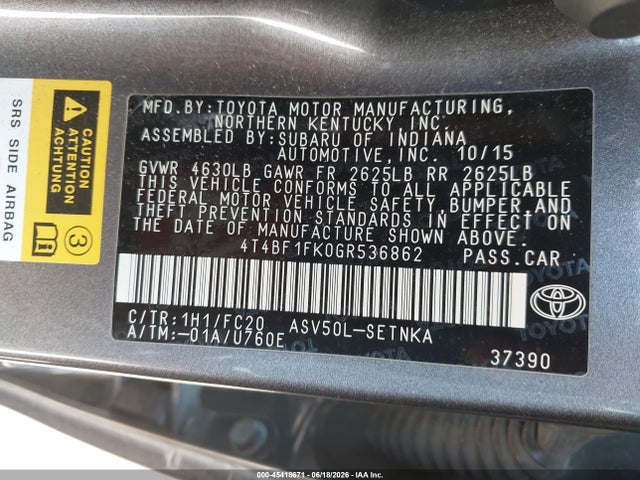 4T4BF1FK0GR536862 Toyota CAMRY LE
