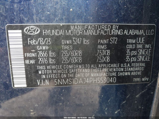 2023 Hyundai Santa Fe Se მანქანა იყიდება აუქციონზე, vin: 5NMS1DAJ4PH553040, აუქციონის ნომერი: 45418688