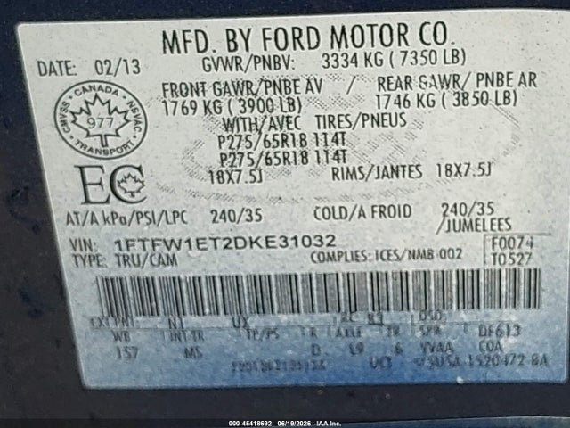 Продаж на аукціоні авто 2013 Ford F-150 Xlt, vin: 1FTFW1ET2DKE31032, номер лоту: 45418692