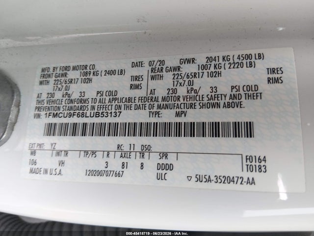 Ford ESCAPE S 2020 1FMCU9F68LUB53137 Image 9
