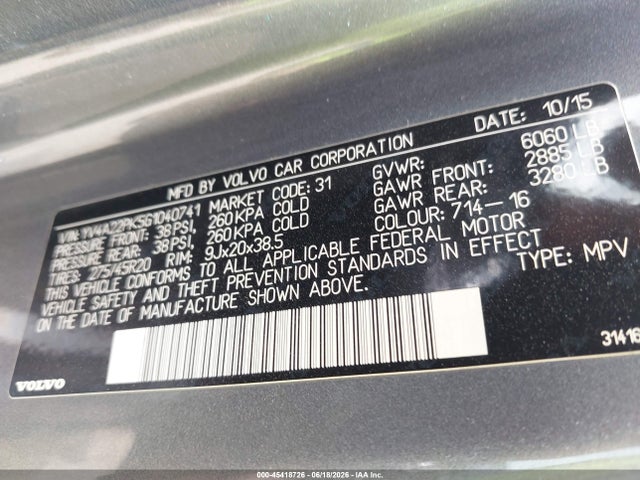 Продажа на аукционе авто 2016 Volvo Xc90 T6 Momentum, vin: YV4A22PK5G1040741, номер лота: 45418726