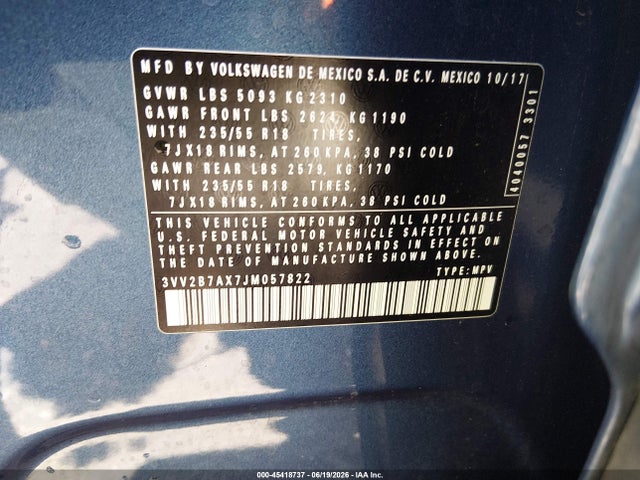 2018 Volkswagen Tiguan 2.0t Se/2.0t Sel მანქანა იყიდება აუქციონზე, vin: 3VV2B7AX7JM057822, აუქციონის ნომერი: 45418737