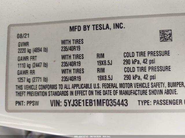 Aukcja sprzedaży 2021 Tesla Model 3 Long Range, vin: 5YJ3E1EB1MF035443, numer aukcji: 45418743