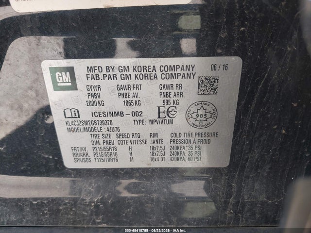 Продажа на аукционе авто 2016 Buick Encore Sport Touring, vin: KL4CJ2SM2GB739370, номер лота: 45418759