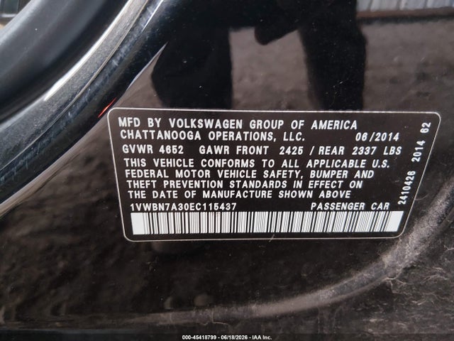Aukcja sprzedaży 2014 Volkswagen Passat 2.0l Tdi Se, vin: 1VWBN7A30EC115437, numer aukcji: 45418799