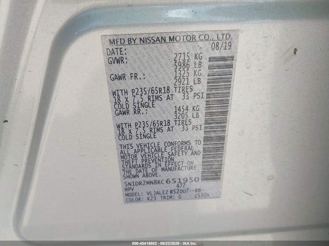 Nissan Pathfinder Sv 2019 5N1DR2MN8KC651950 Image 9