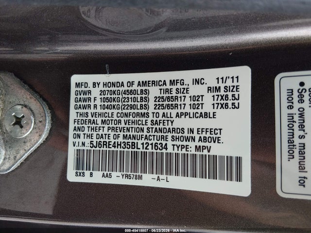 Продаж на аукціоні авто 2011 Honda Cr-v Lx, vin: 5J6RE4H35BL121634, номер лоту: 45418807