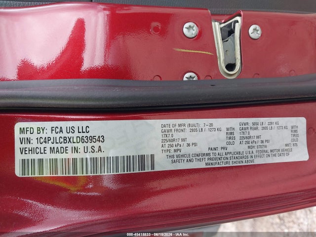 45418833 :رقم المزاد ، 1C4PJLCBXLD639543 vin ، 2020 Jeep Cherokee Latitude Fwd مزاد بيع