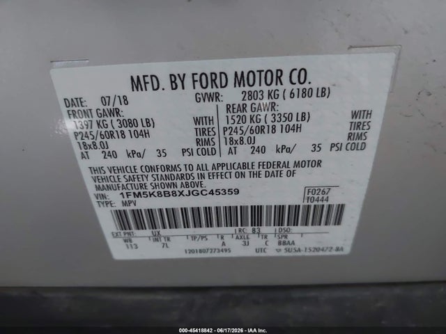 1FM5K8B8XJGC45359 Ford Explorer