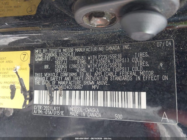 Aukcja sprzedaży 2004 Lexus Rx 330, vin: 2T2GA31U24C016867, numer aukcji: 45418847