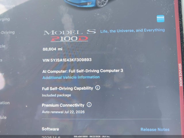 2019 Tesla Model S 100d/long Range/p100d/performance მანქანა იყიდება აუქციონზე, vin: 5YJSA1E43KF309893, აუქციონის ნომერი: 45418858