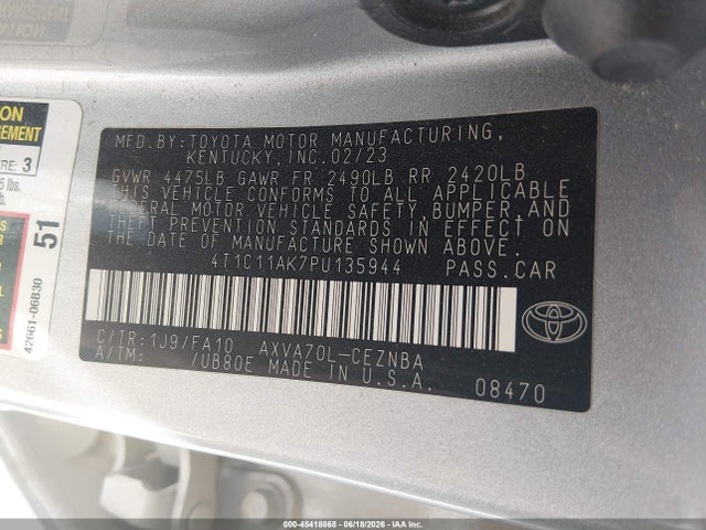 Продаж на аукціоні авто 2023 Toyota Camry Le, vin: 4T1C11AK7PU135944, номер лоту: 45418868