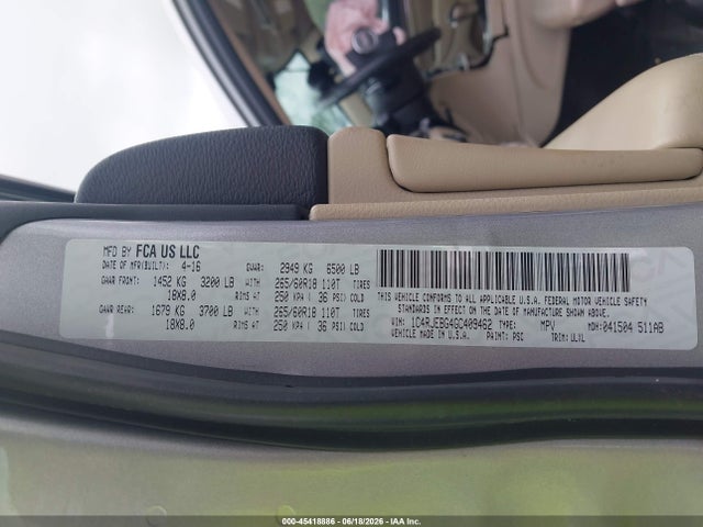 Продажа на аукционе авто 2016 Jeep Grand Cherokee Limited, vin: 1C4RJEBG4GC409462, номер лота: 45418886