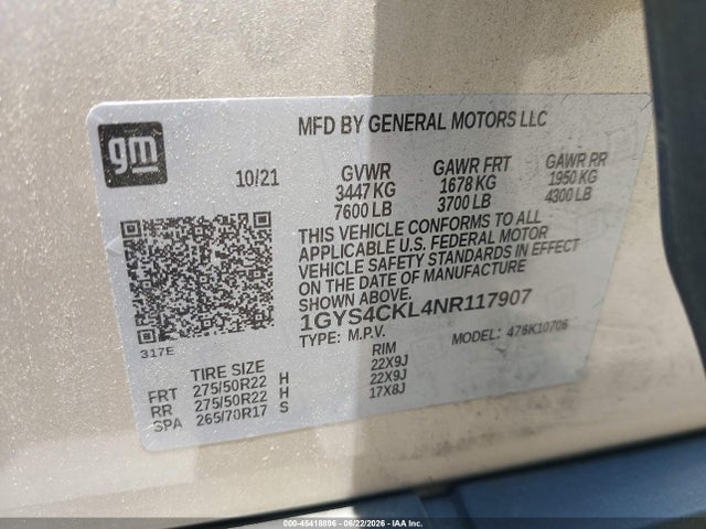 Продаж на аукціоні авто 2022 Cadillac Escalade 4wd Premium Luxury, vin: 1GYS4CKL4NR117907, номер лоту: 45418896