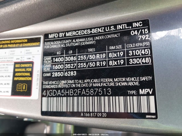 Auction sale of the 2015 Mercedes-benz Ml 350 4matic, vin: 4JGDA5HB2FA587513, lot number: 45418923