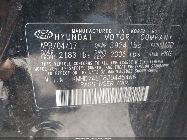 45418935 :رقم المزاد ، KMHD74LF8JU445466 vin ، 2018 Hyundai Elantra Se مزاد بيع
