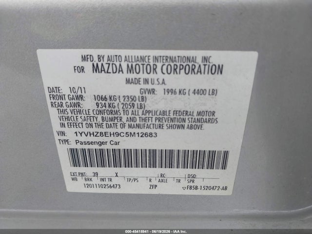 Aukcja sprzedaży 2012 Mazda Mazda6 I Touring Plus, vin: 1YVHZ8EH9C5M12683, numer aukcji: 45418941