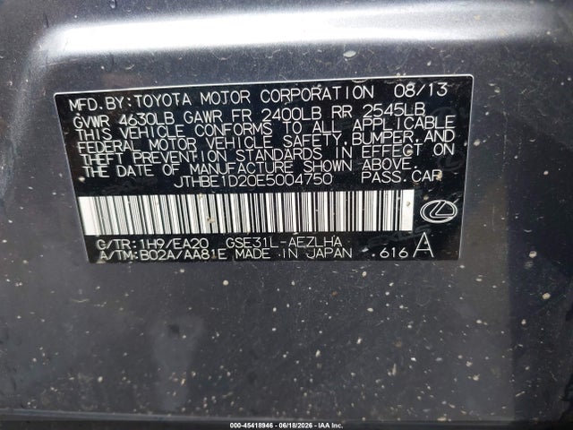45418946 :رقم المزاد ، JTHBE1D20E5004750 vin ، 2014 Lexus Is 350 مزاد بيع