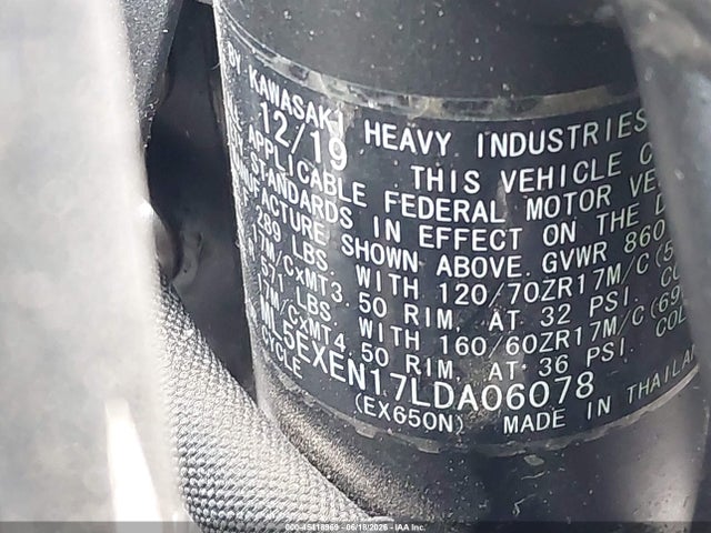 Продаж на аукціоні авто 2020 Kawasaki Ex650 N, vin: ML5EXEN17LDA06078, номер лоту: 45418969