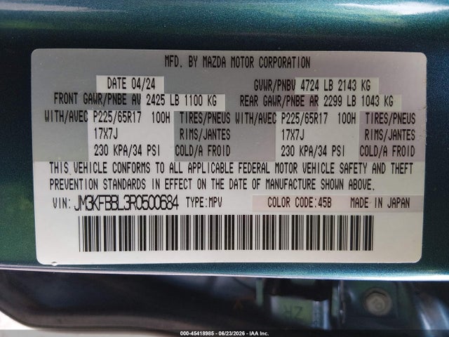 2024 Mazda Cx-5 2.5 S Select მანქანა იყიდება აუქციონზე, vin: JM3KFBBL3R0500684, აუქციონის ნომერი: 45418985