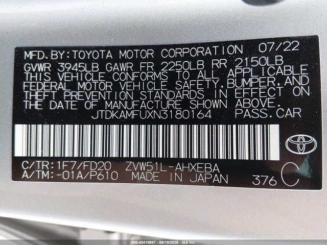 45418987 :رقم المزاد ، JTDKAMFUXN3180164 vin ، 2022 Toyota Prius Le مزاد بيع
