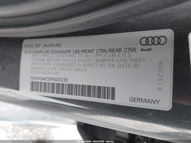 45418989 :رقم المزاد ، WAUHGAFCXFN023235 vin ، 2015 Audi A6 3.0t Premium Plus مزاد بيع