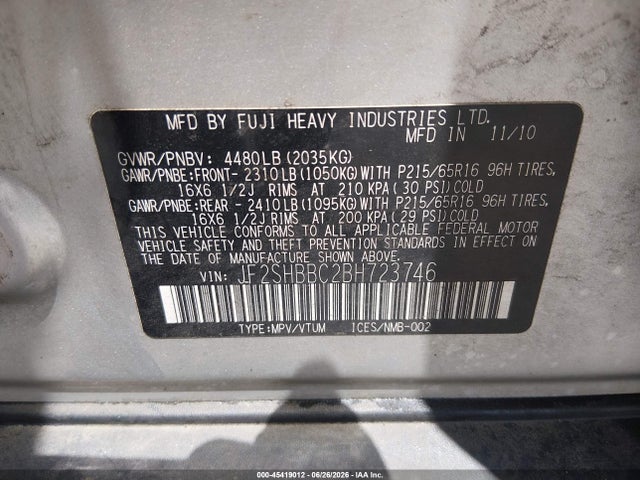 Aukcja sprzedaży 2011 Subaru Forester 2.5x, vin: JF2SHBBC2BH723746, numer aukcji: 45419012